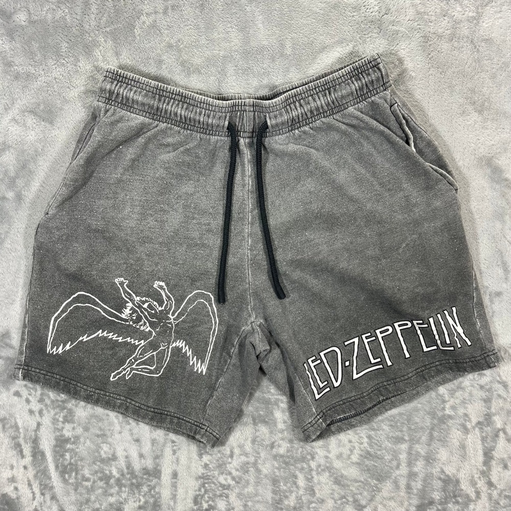 Led Zeppelin Sweat Shorts Adult Medium Gray Acid Wash Icarus Graphic Rock Band